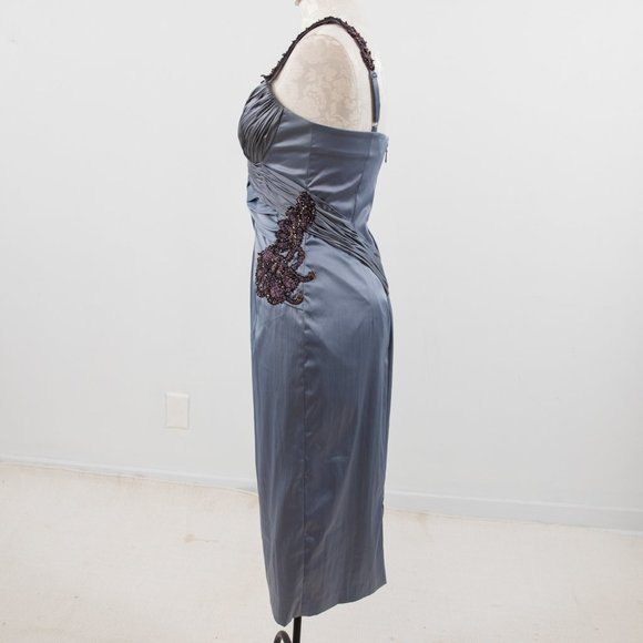 Vintage 90s M Ruched Satin Cocktail Midi Dress - Picture 5 of 11